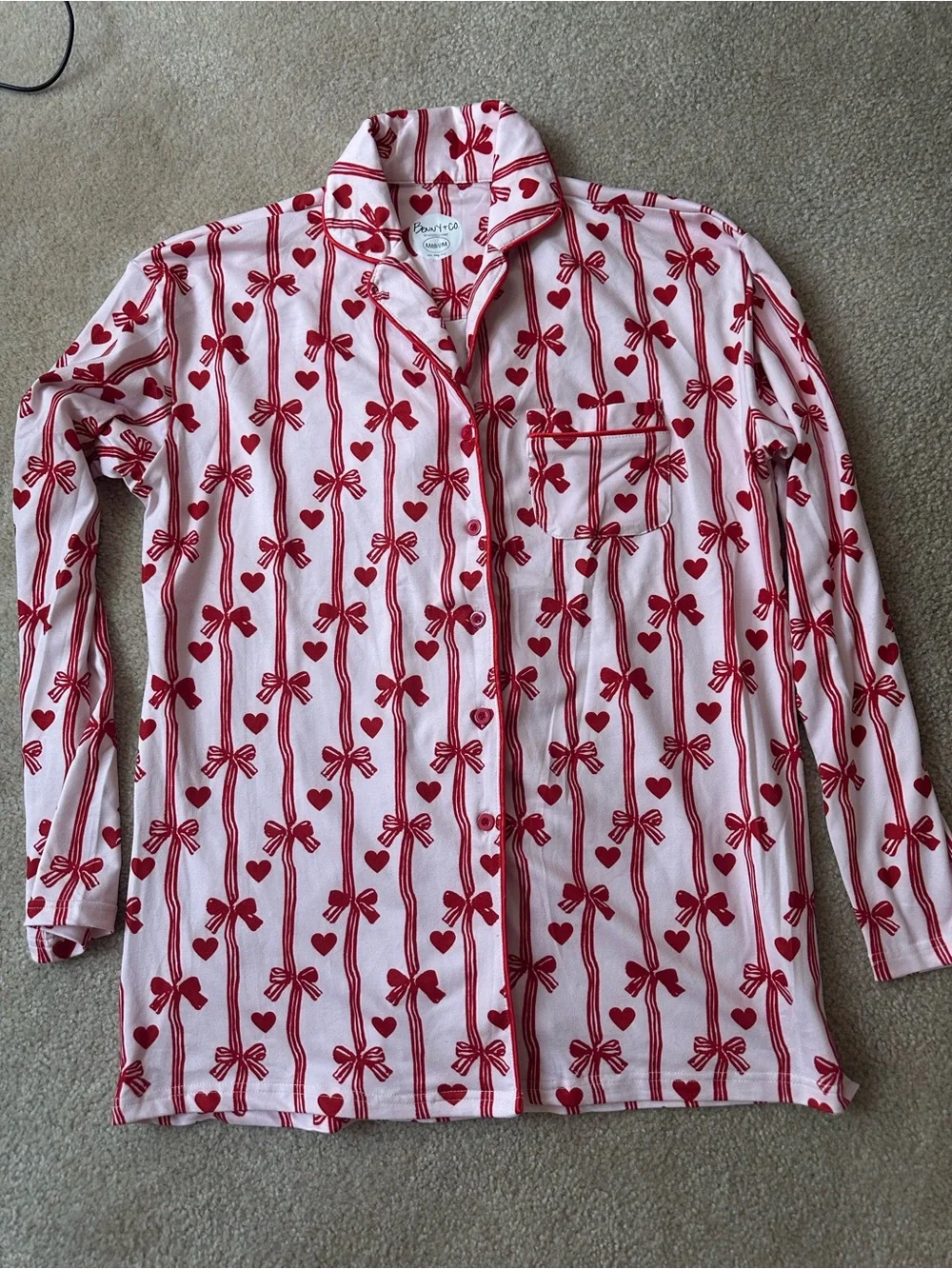 Spearmint Love Benny + Co Red Bows Organic Pointelle Pink Lounge Set Size M $84
